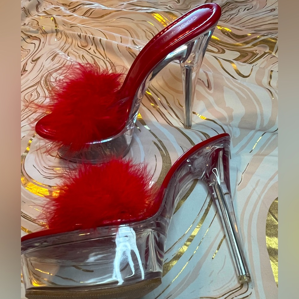 Fuzzy Red Clear Slide On Stiletto Heel Round Open… - image 1